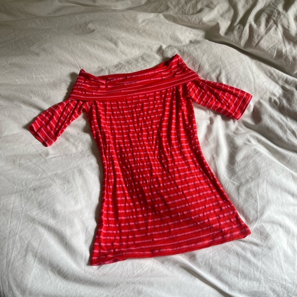 Vintage 90s Orange and Pink Off Shoulder Blouse - Picture 1 of 6